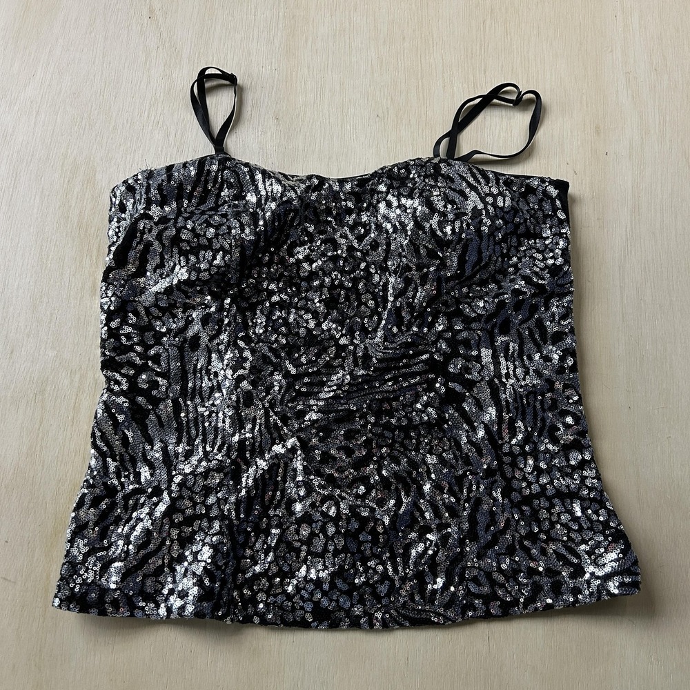 Wildcat Y2K Tank Top Womens M Silver Sequin Animal Print Party Camisole Stretch